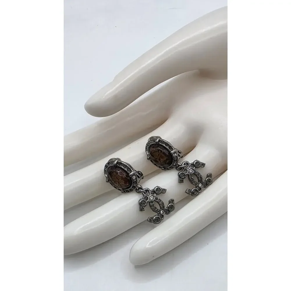 Chanel Resin Strass Silver-tone Interlocking CC Clip On Drop Earrings